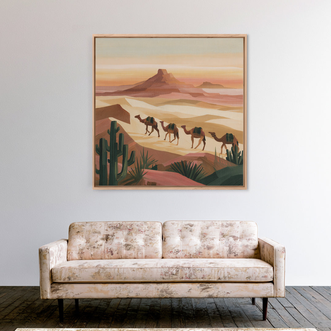 Camel Caravan Crossing Golden Dunes Framed Canvas Print, Desert Art, Art Print, Southwestern Decor, Fine Art, Desert, DES-1x1-79