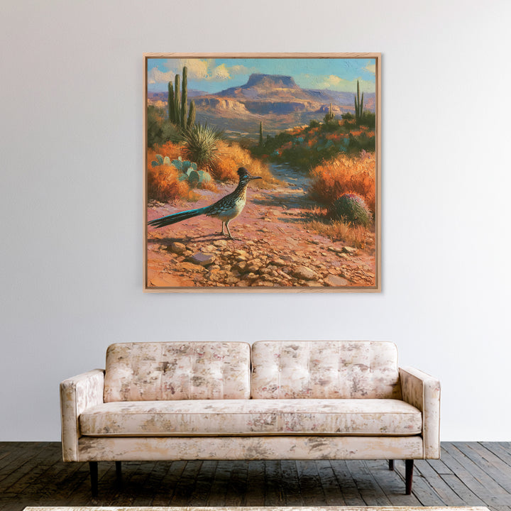 Roadrunner Bird in a Dry Wash Canvas Print, Desert Art, Minimalist Decor, Southwestern Decor, Oil Painting, Desert, Boho, DES-1x1-86