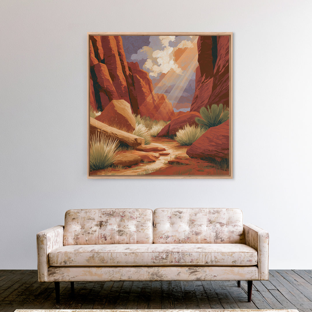 Sandstone Canyon with Dramatic Light Beam Framed Canvas Print, Desert Art, Wall Art, Southwestern Decor, Oil Painting, Desert, DES-1x1-88