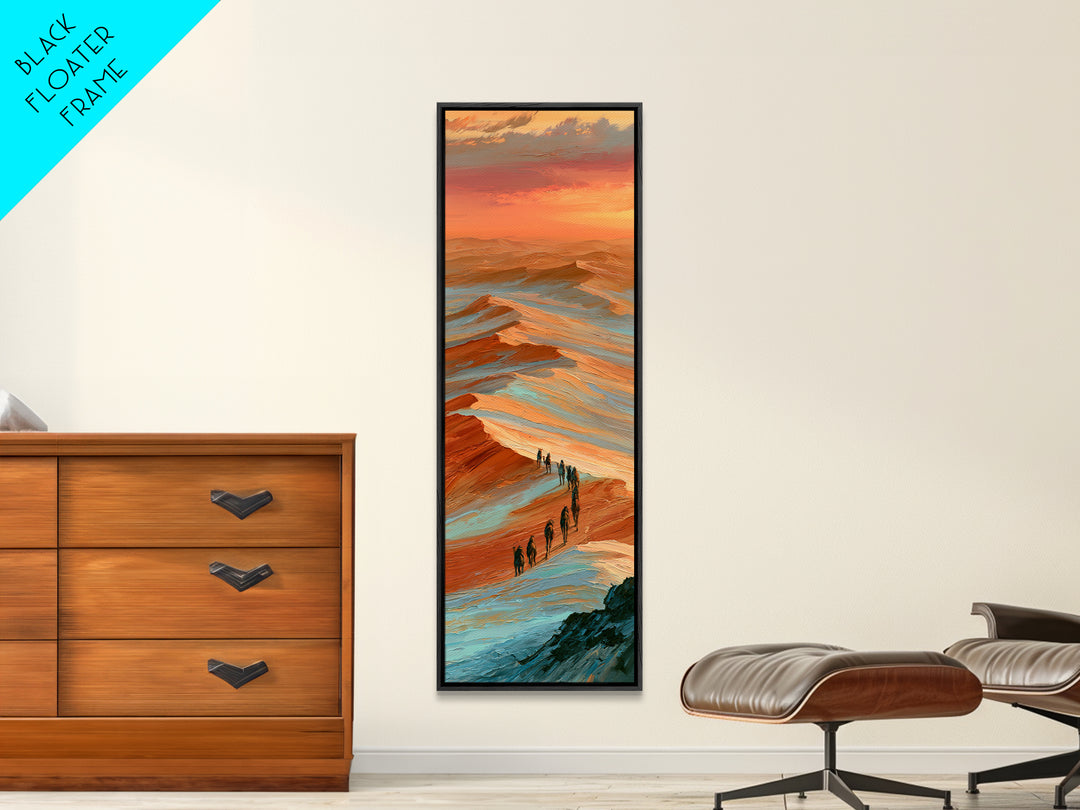 Camel Caravan Crossing Golden Dunes Framed Canvas Print, Desert Art, Mountain Wall Art, Southwestern Decor, Oil Painting, DES-1x3-19