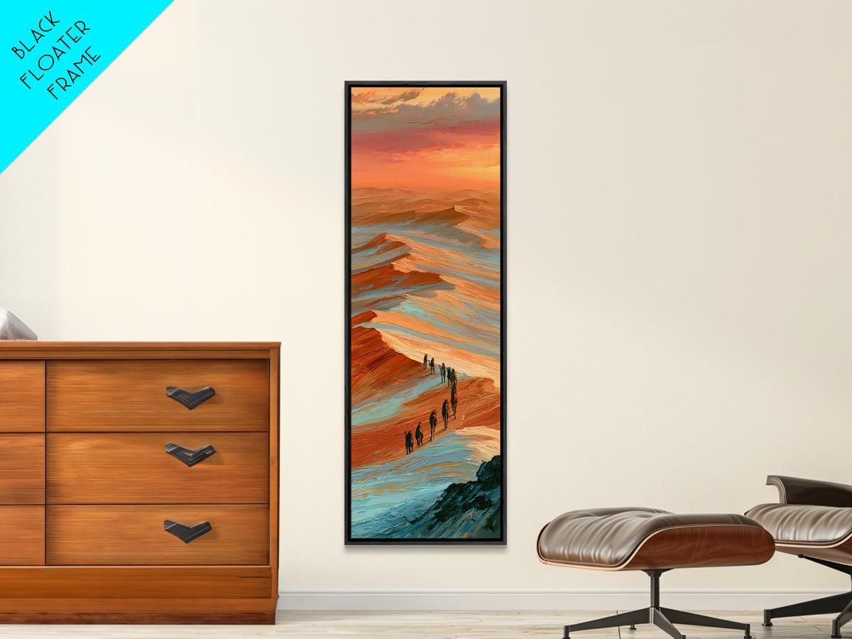 Camel Caravan Crossing Golden Dunes Framed Canvas Print, Desert Art, Mountain Wall Art, Southwestern Decor, Oil Painting, DES-1x3-19