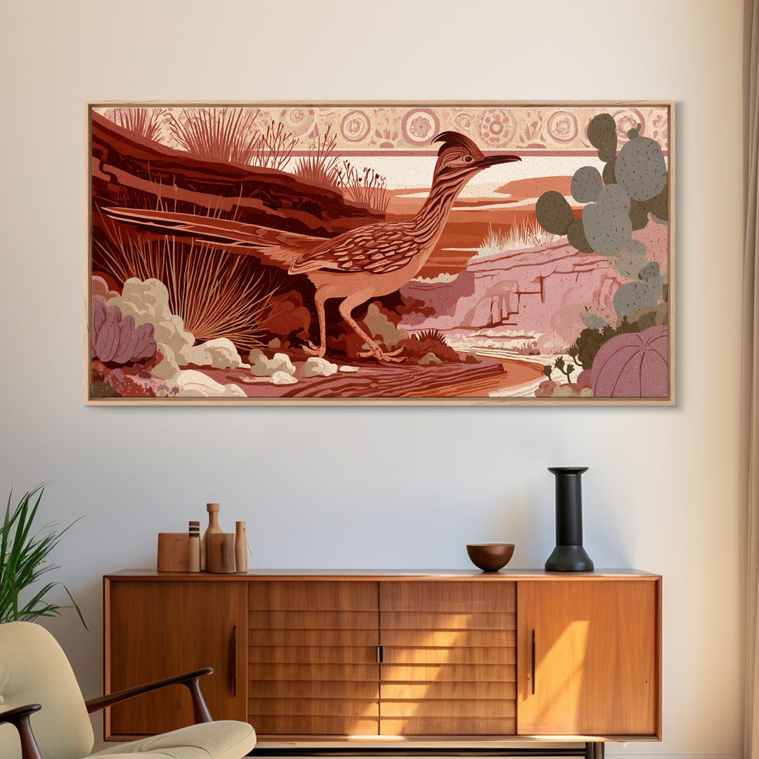 Roadrunner Bird in a Dry Wash Framed Canvas Print, Desert Art, Digital Prints, Southwestern Decor, Desert, Boho Wall Art, DES-2x1-10