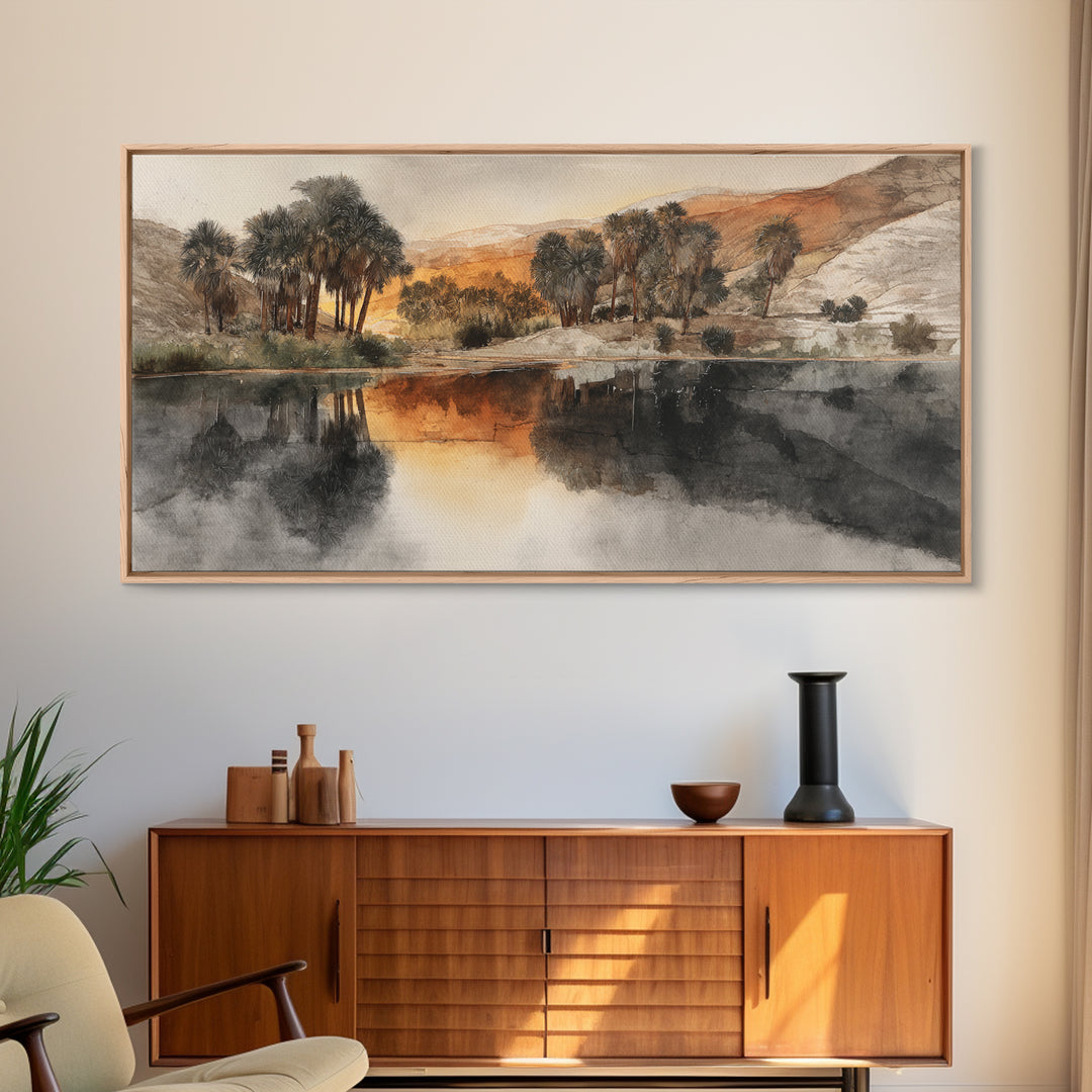 Palm Oasis Reflected Framed Canvas Print, Desert Art, Western Wall Art, Southwestern Decor, Watercolor Art, Desert, DES-2x1-11