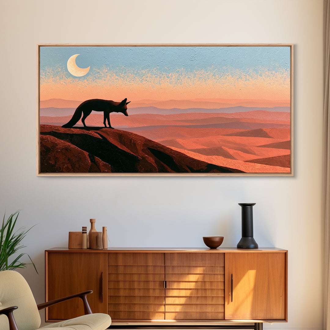 Desert Fox Beneath a Crescent Moon Framed Canvas Print, Desert Art, Original Art, Southwestern Decor, Fine Art, Desert, DES-2x1-37
