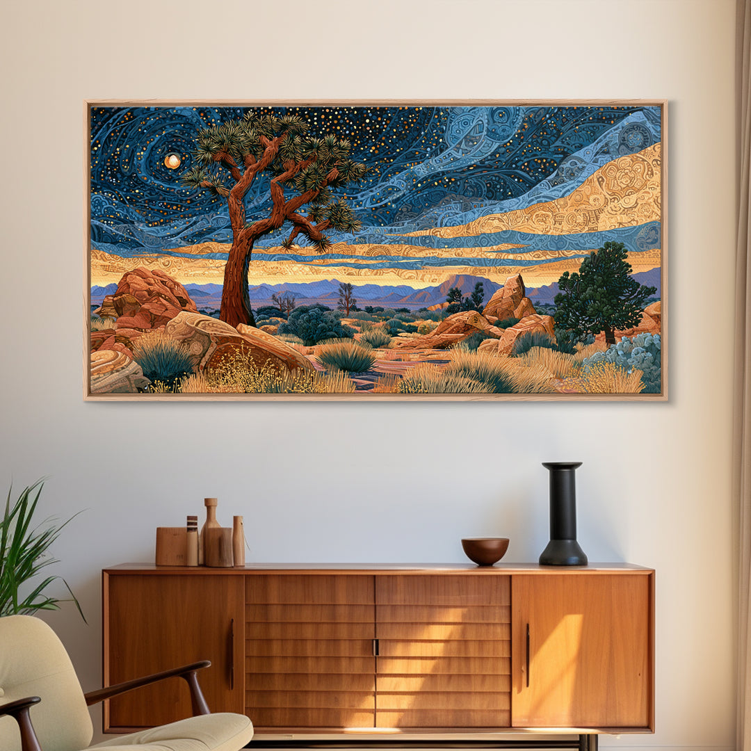 Joshua Tree under Star Filled Night Framed Canvas Print, Desert Art, Southwestern Decor, Oil Painting, Desert, DES-2x1-50