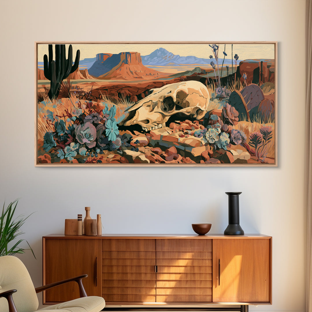 Sun Bleached Skull and Desert Flowers Framed Canvas Print, Desert Art, Wall Art Prints, Southwestern Decor, Fine Art, Desert, DES-2x1-56