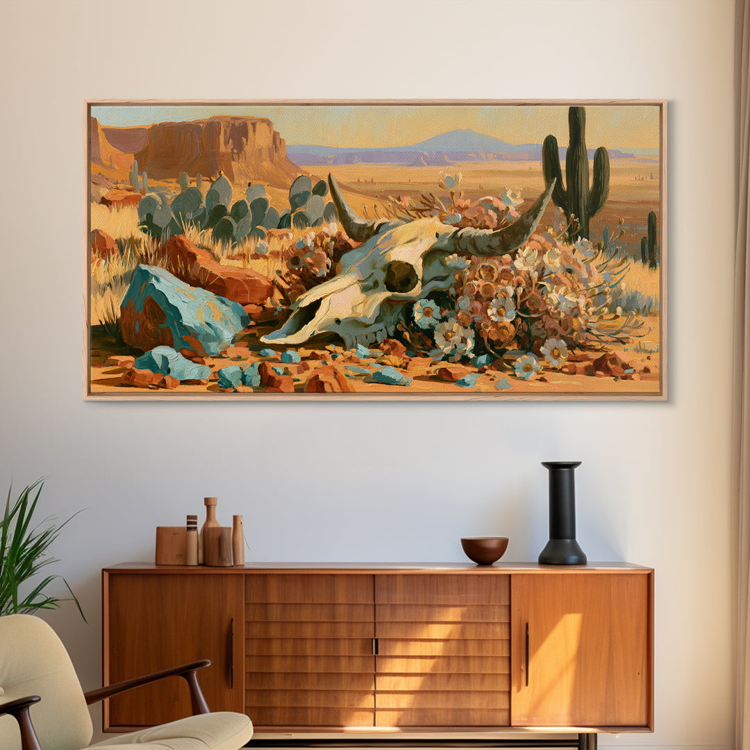 Sun Bleached Skull and Desert Flowers Framed Canvas Print, Desert Art, Art Print, Southwestern Decor, Watercolor Art, Desert, DES-2x1-8