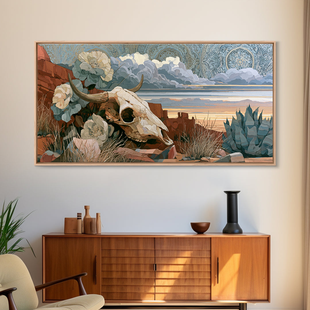 Sun Bleached Skull and Desert Flowers Framed Canvas Print, Desert Art, Modern Wall Art, Southwestern Decor, Oil Painting, DES-2x1-80