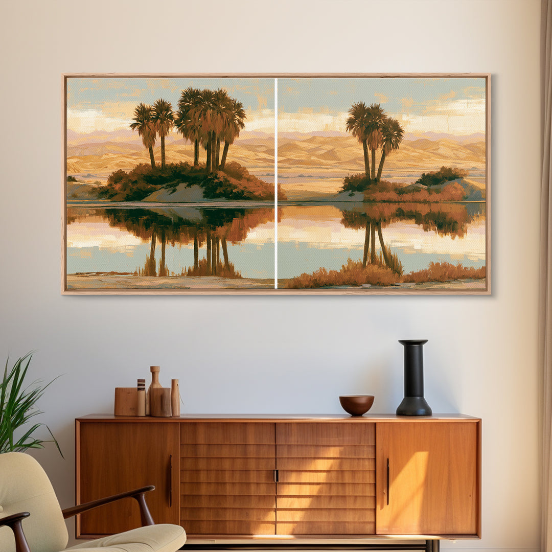 Palm Oasis Reflected Framed Canvas Print, Desert Art, Wall Art Prints, Southwestern Decor, Oil Painting, Desert, Boho Decor, DES-2x1-83
