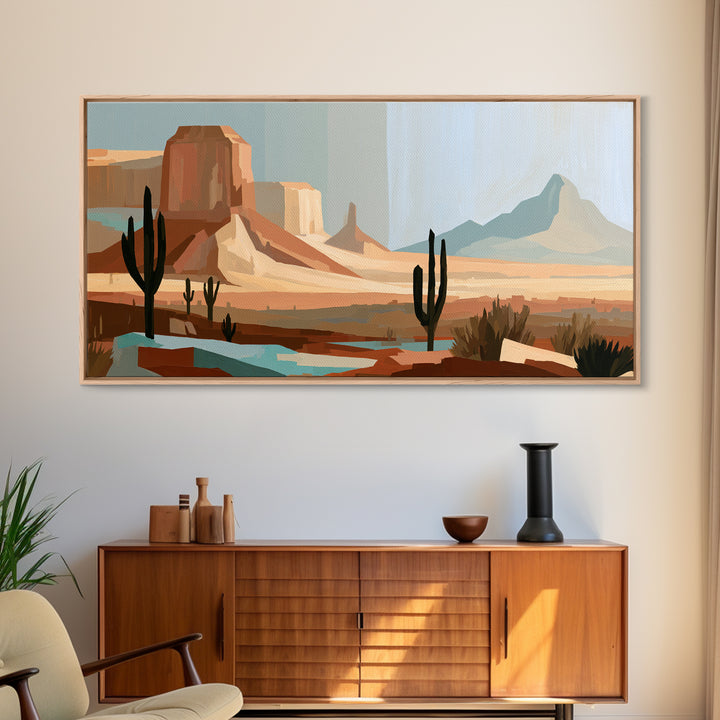 Terracotta and Cream Geometric Landscape Framed Canvas Print, Desert Art, Boho, Southwestern Decor, Watercolor Art, Desert, DES-2x1-86