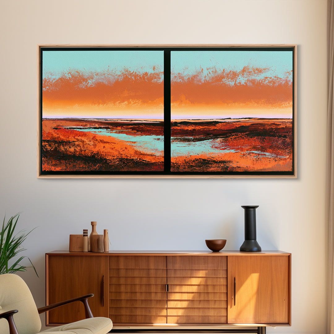 Abstract Heatwave Horizon Framed Canvas Print, Desert Art, Boho, Southwestern Decor, Fine Art, Desert, Mountain Wall Art, DES-2x1-9