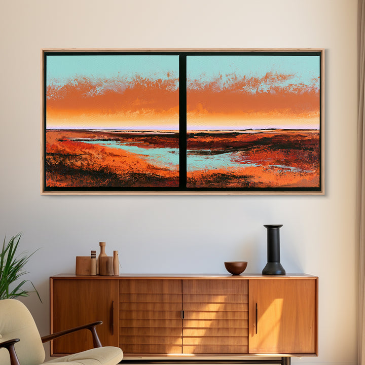 Abstract Heatwave Horizon Framed Canvas Print, Desert Art, Boho, Southwestern Decor, Fine Art, Desert, Mountain Wall Art, DES-2x1-9