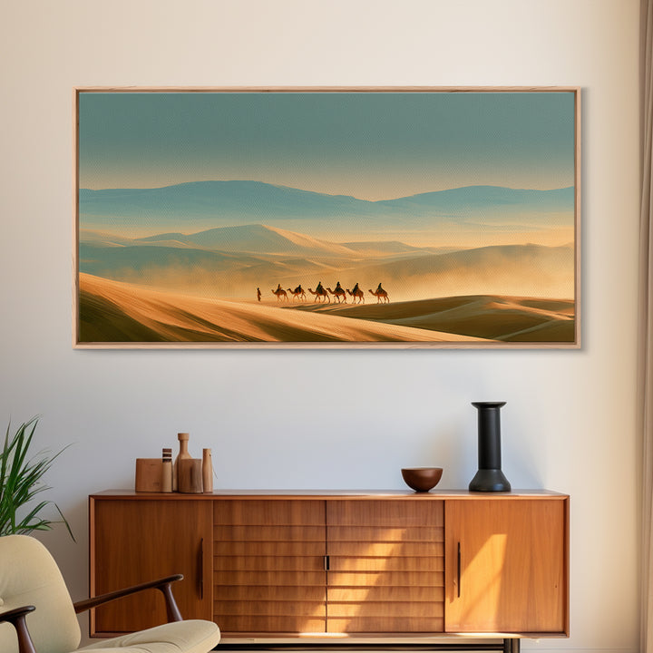 Camel Caravan Crossing Golden Dunes Framed Canvas Print, Desert Art, Western Wall Art, Southwestern Decor, Fine Art, Desert, DES-2x1-99