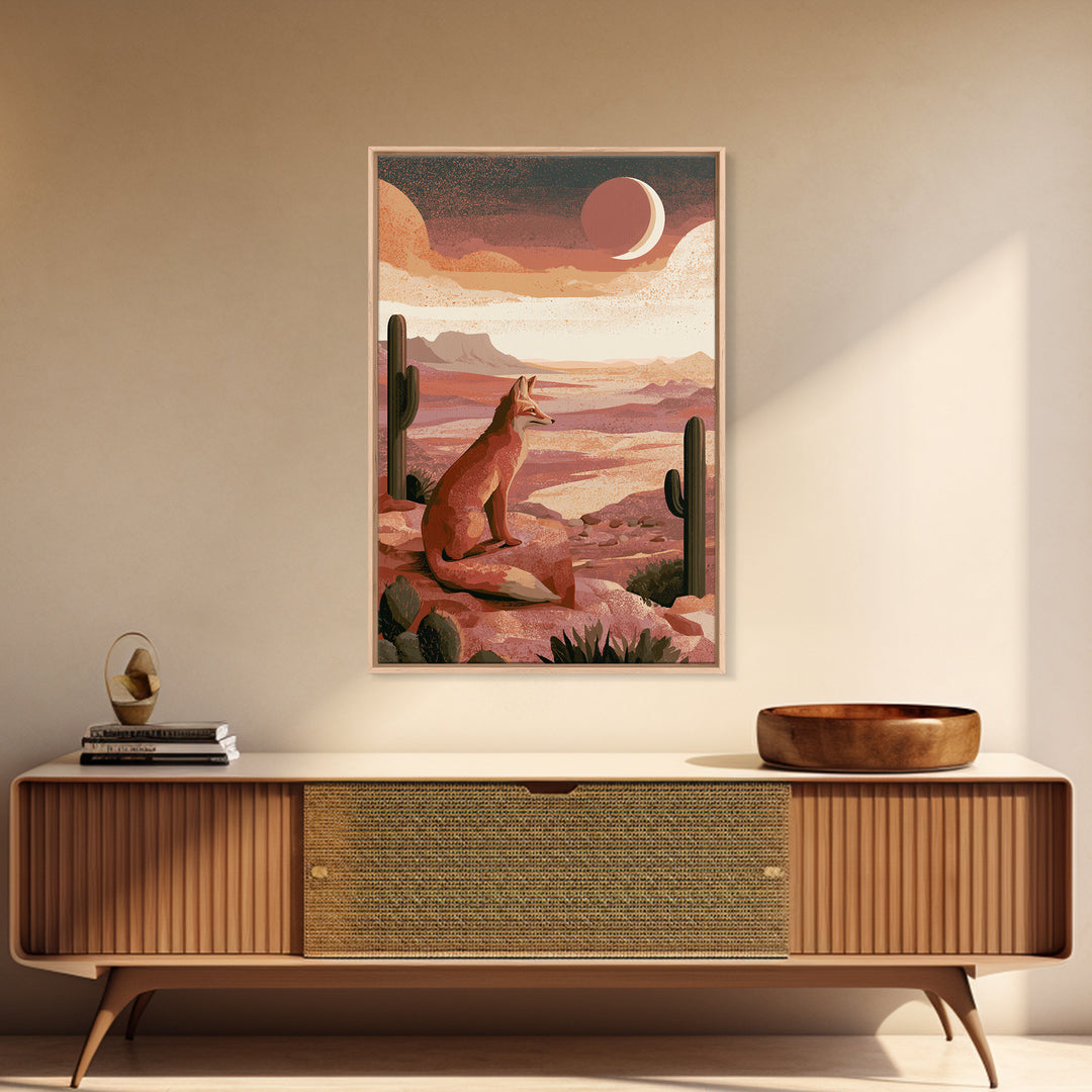 Desert Fox Beneath a Crescent Moon Framed Canvas Print, Desert Art, Abstract Wall Art, Southwestern Decor, Oil Painting, Desert, DES-2x3-1