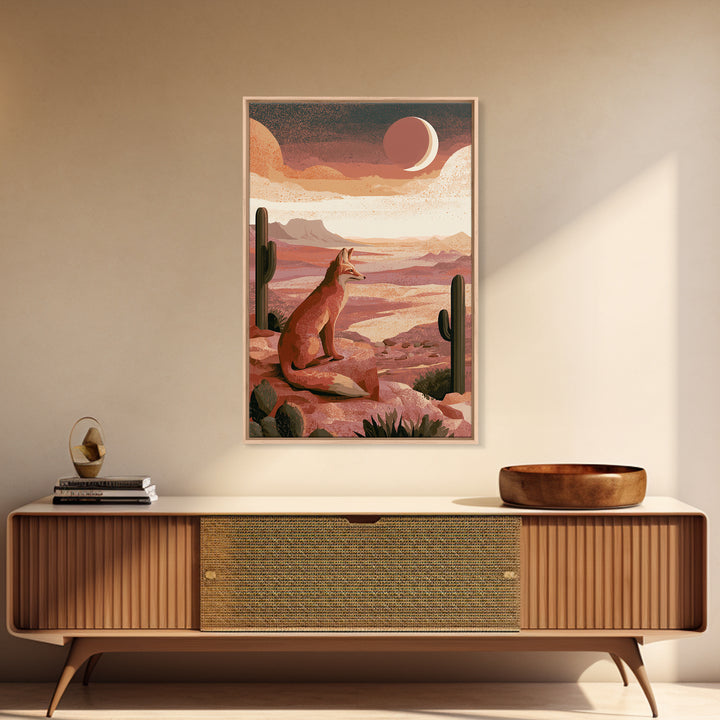 Desert Fox Beneath a Crescent Moon Framed Canvas Print, Desert Art, Abstract Wall Art, Southwestern Decor, Oil Painting, Desert, DES-2x3-1