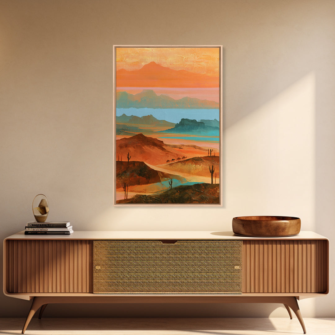 Saharan Dunes with Tiny Caravan Silhouettes Canvas Print, Desert Art, Print, Southwestern Decor, Desert, Watercolor Painting, DES-2x3-10