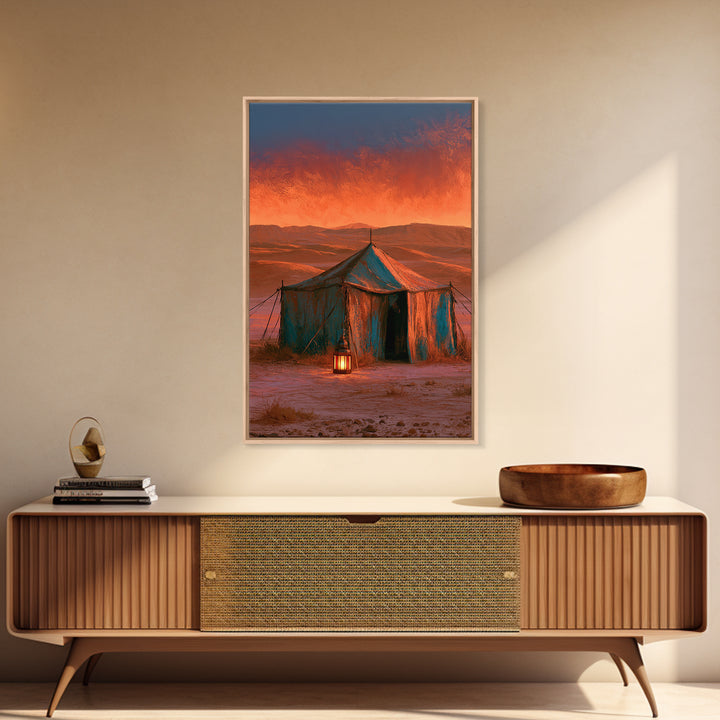 Moroccan Desert Tent Framed Canvas Print, Desert Art, Boho, Southwestern Decor, Desert, Mountain Wall Art, Landscape Wall Art, DES-2x3-19