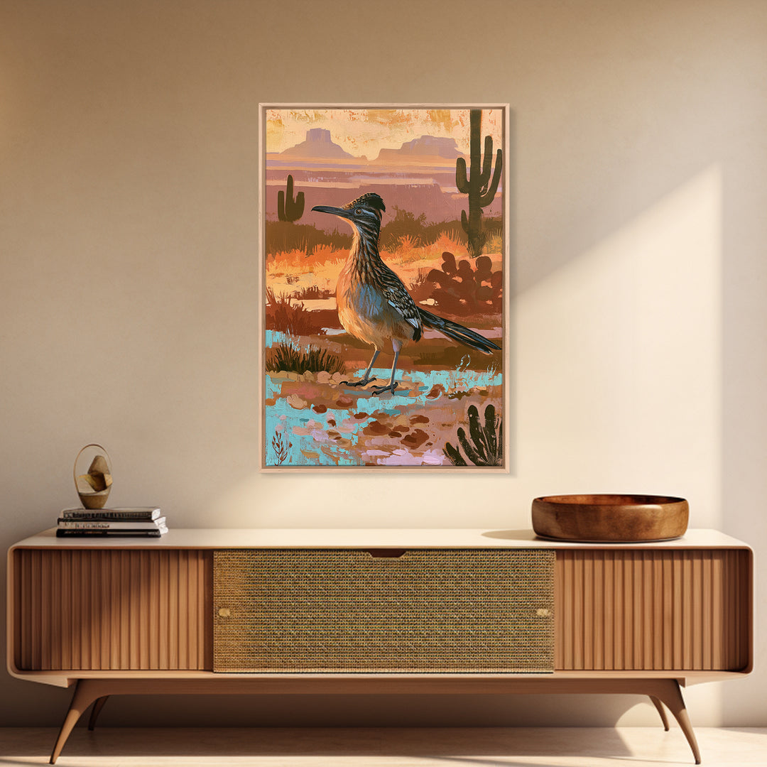 Roadrunner Bird in a Dry Wash Framed Canvas Print, Desert Art, Original Painting, Southwestern Decor, Fine Art, Desert, DES-2x3-22