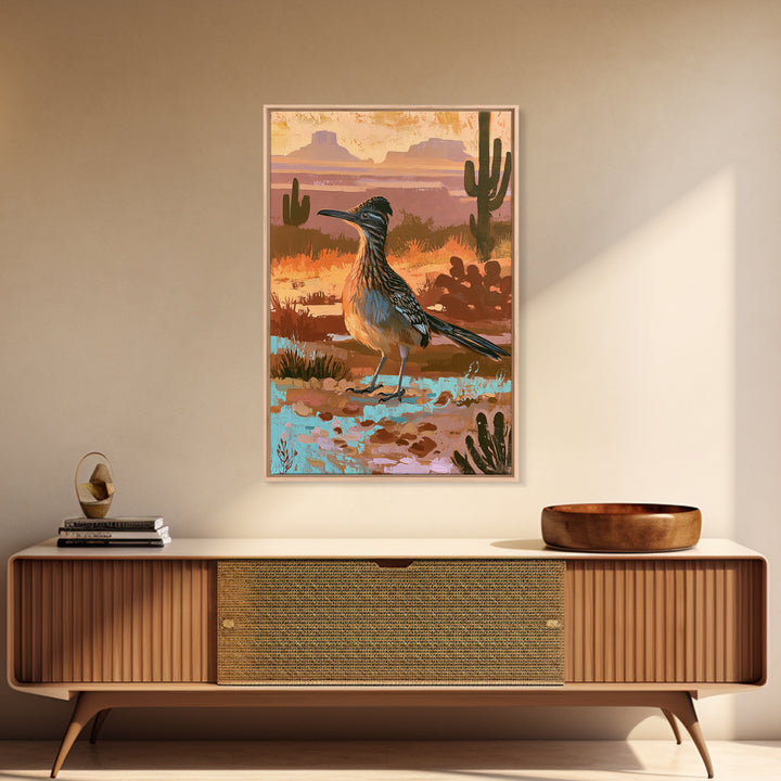 Roadrunner Bird in a Dry Wash Framed Canvas Print, Desert Art, Original Painting, Southwestern Decor, Fine Art, Desert, DES-2x3-22