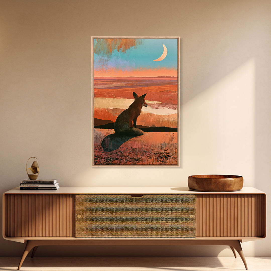 Desert Fox Beneath a Crescent Moon Framed Canvas Print, Desert Art, Abstract Wall Art, Southwestern Decor, Oil Painting, Desert, DES-2x3-25