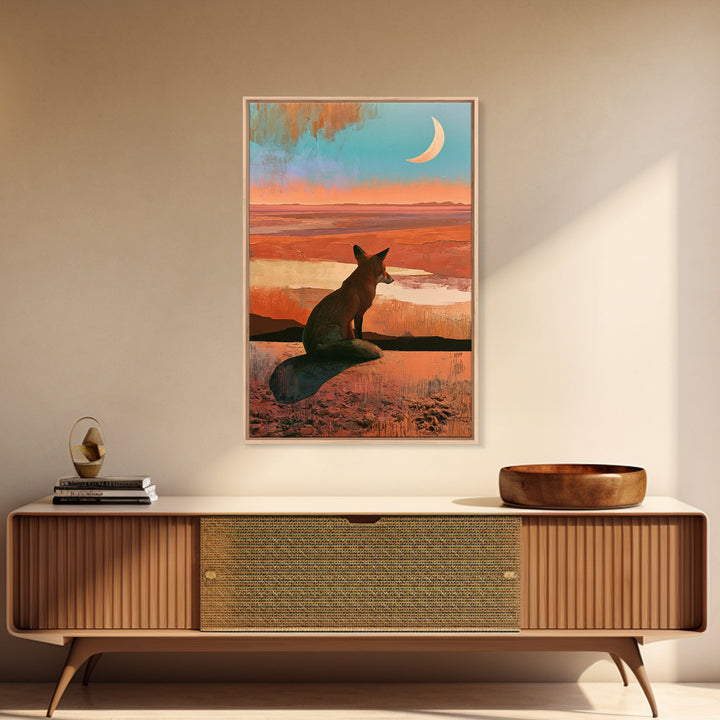 Desert Fox Beneath a Crescent Moon Framed Canvas Print, Desert Art, Abstract Wall Art, Southwestern Decor, Oil Painting, Desert, DES-2x3-25