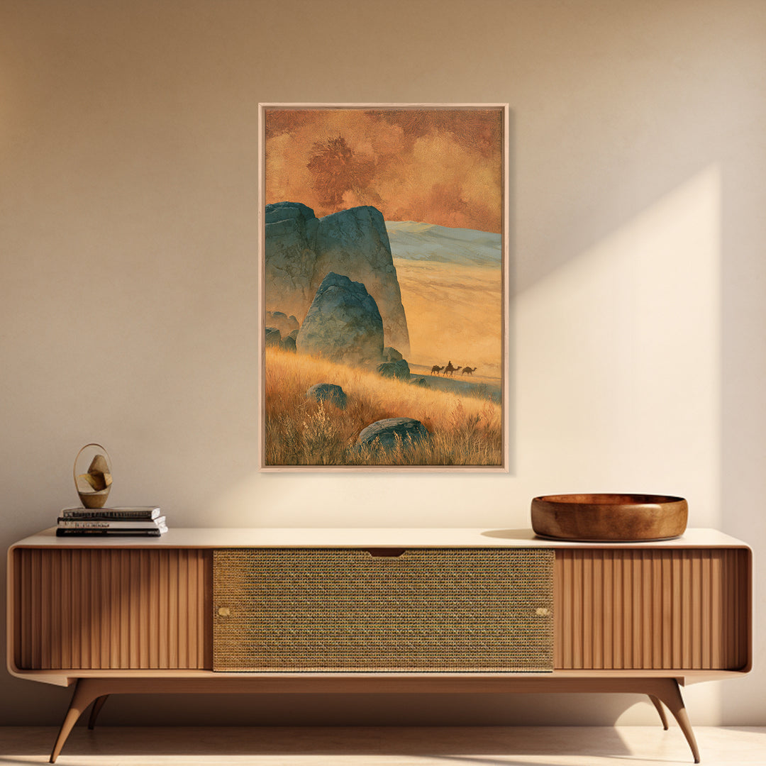Saharan Dunes with Tiny Caravan Silhouettes Framed Canvas Print, Desert Art, Boho, Southwestern Decor, Fine Art, Desert, DES-2x3-34