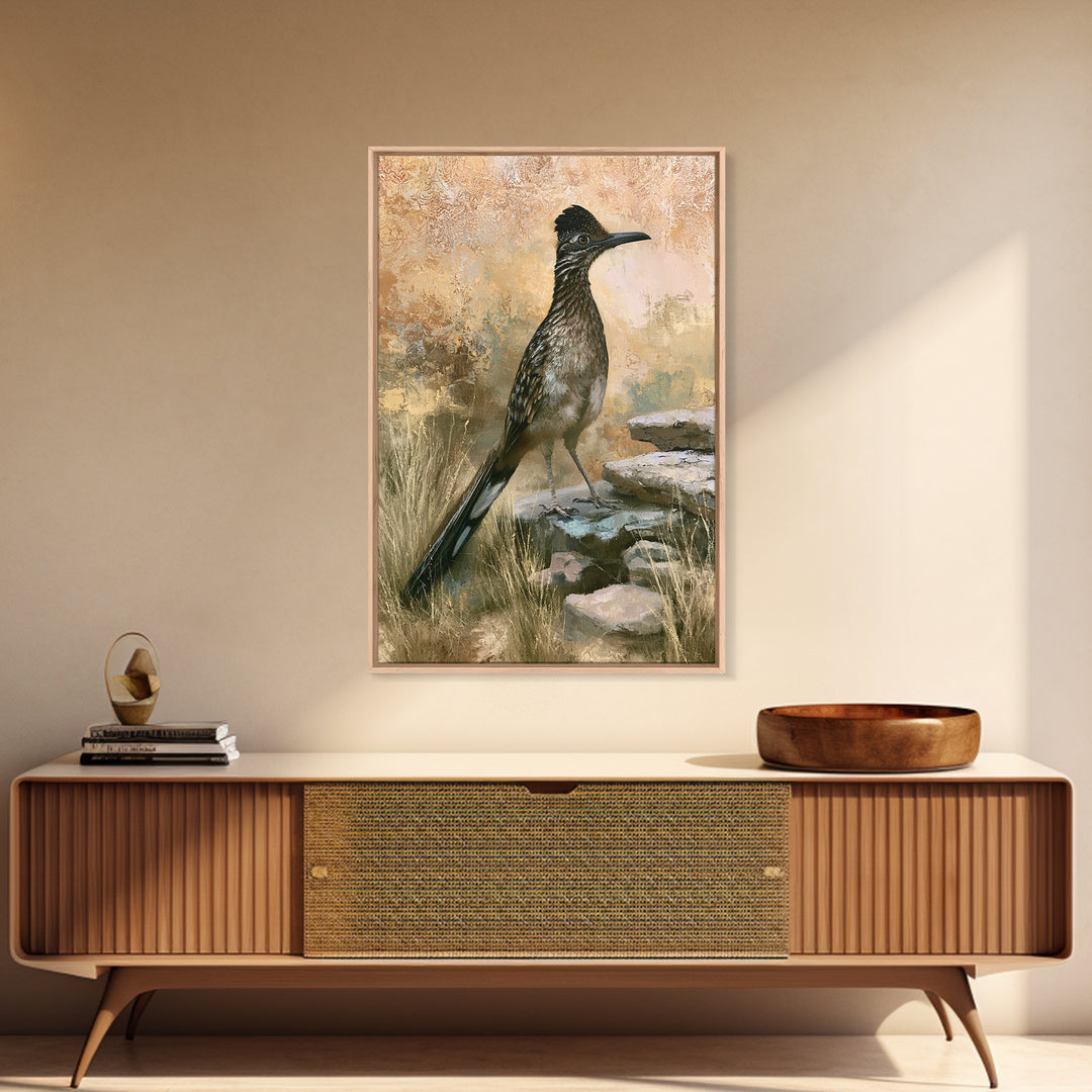 Roadrunner Bird in a Dry Wash Framed Canvas Print, Desert Art, Original Painting, Southwestern Decor, Fine Art, Desert, DES-2x3-46