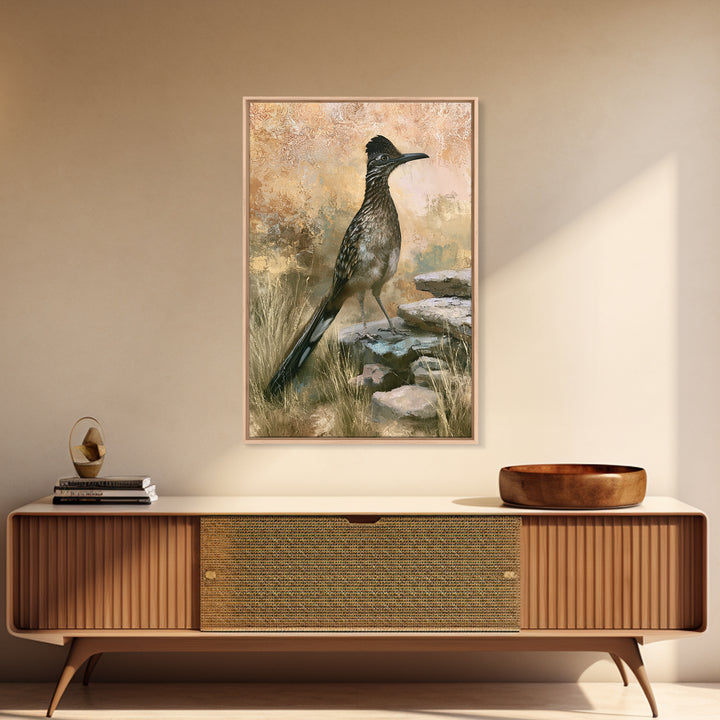 Roadrunner Bird in a Dry Wash Framed Canvas Print, Desert Art, Original Painting, Southwestern Decor, Fine Art, Desert, DES-2x3-46