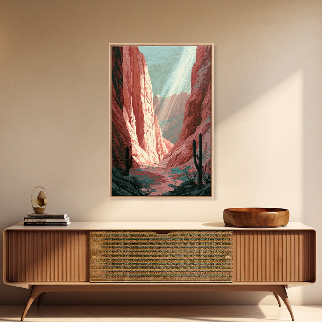 Sandstone Canyon with Dramatic Light Beam Framed Canvas Print, Desert Art, Boho, Southwestern Decor, Watercolor Art, Desert, DES-2x3-48