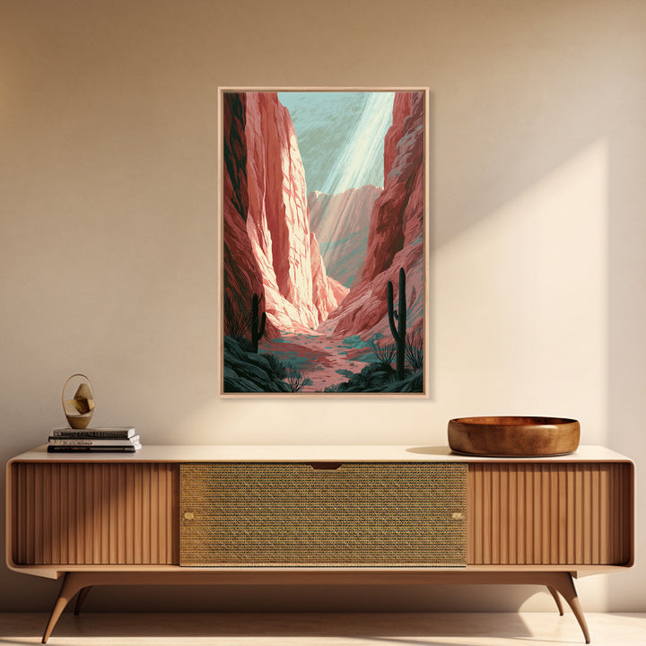 Sandstone Canyon with Dramatic Light Beam Framed Canvas Print, Desert Art, Boho, Southwestern Decor, Watercolor Art, Desert, DES-2x3-48
