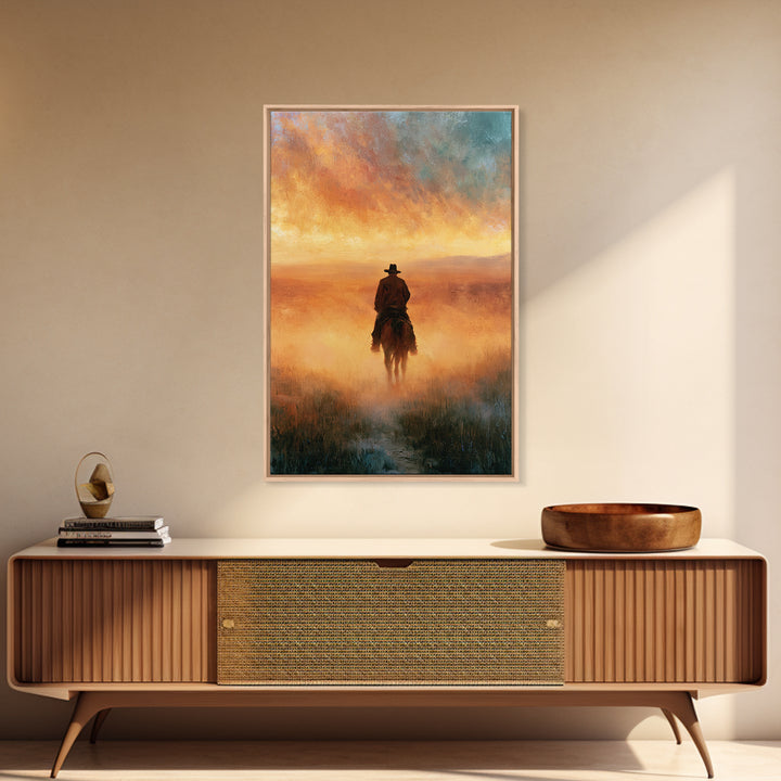 Dusty Horseback Rider at Sunset Framed Canvas Print, Desert Art, Boho Decor, Southwestern Decor, Oil Painting, Desert, DES-2x3-55