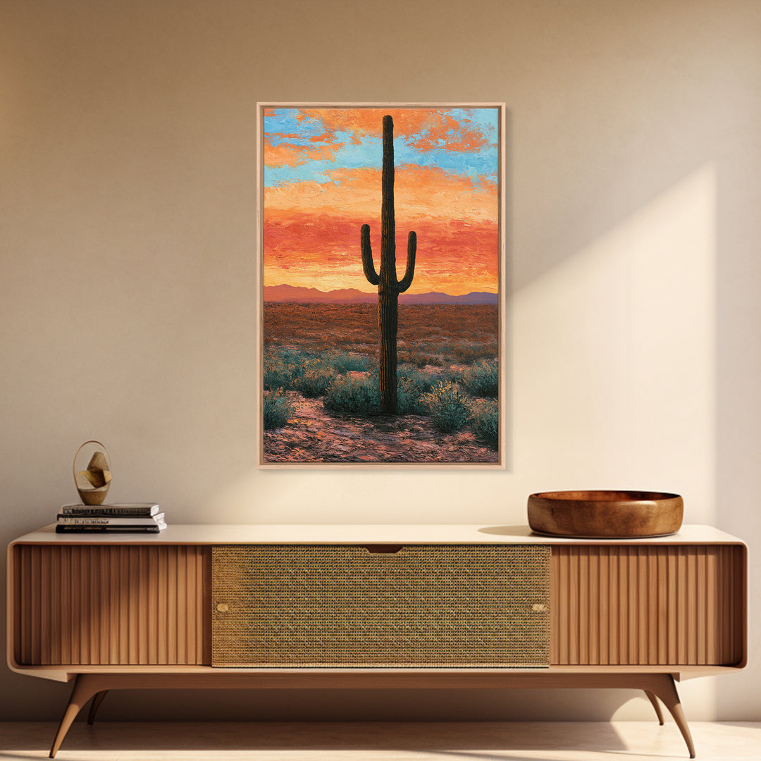 Saguaro Cactus under Orange Sunset Sky Canvas Print, Desert Art, Living Room Art, Southwestern Decor, Fine Art, Desert, DES-2x3-57