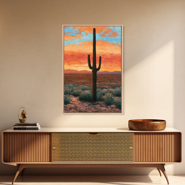 Saguaro Cactus under Orange Sunset Sky Canvas Print, Desert Art, Living Room Art, Southwestern Decor, Fine Art, Desert, DES-2x3-57
