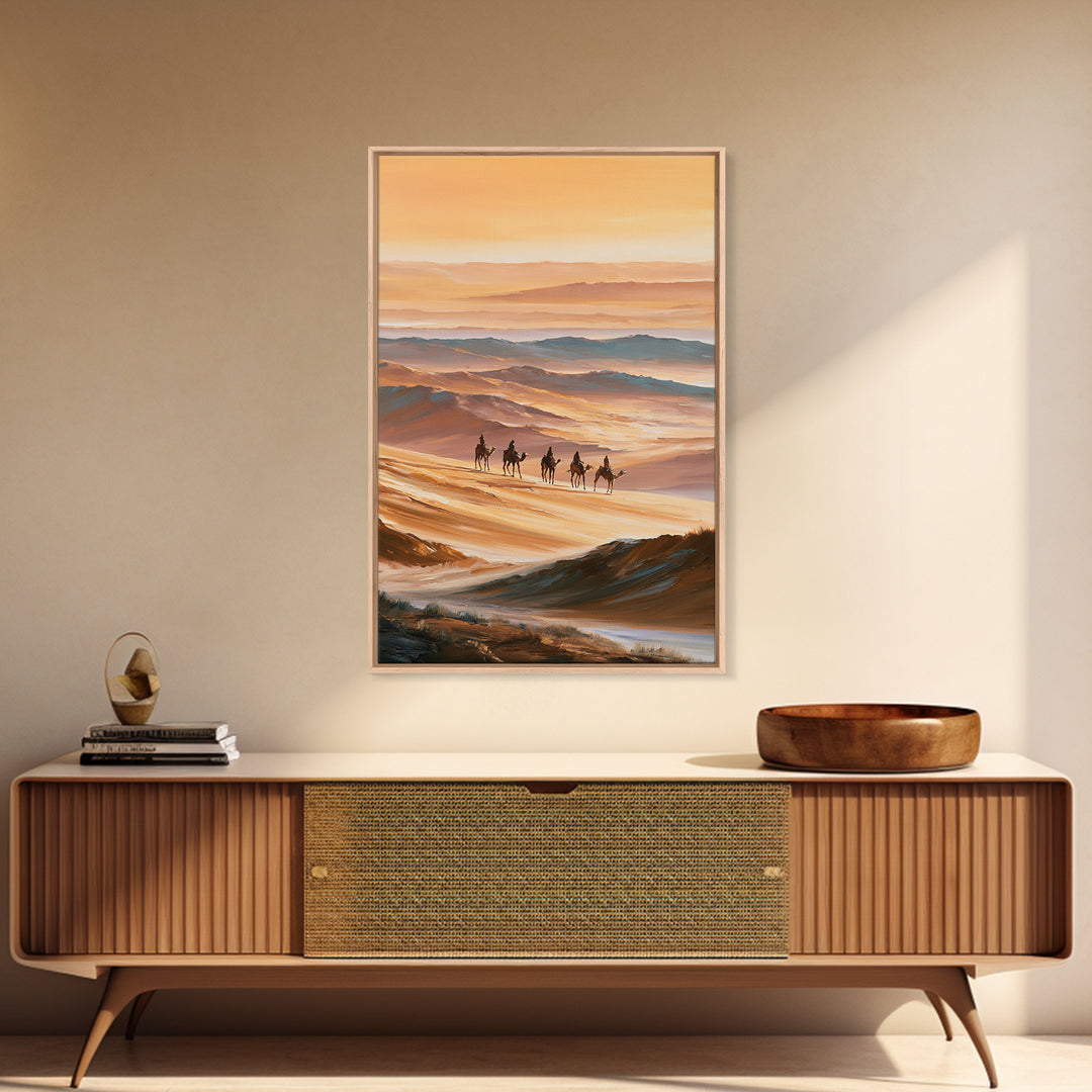 Camel Caravan Crossing Golden Dunes Framed Canvas Print, Desert Art, Botanical Art, Southwestern Decor, Watercolor Art, Desert, DES-2x3-63