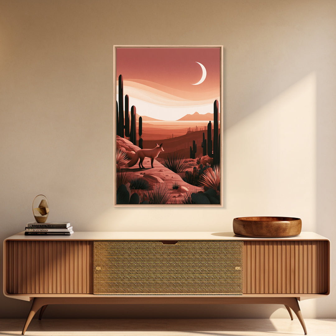 Desert Fox Beneath a Crescent Moon Framed Canvas Print, Desert Art, Botanical Art, Southwestern Decor, Fine Art, Desert, DES-2x3-73