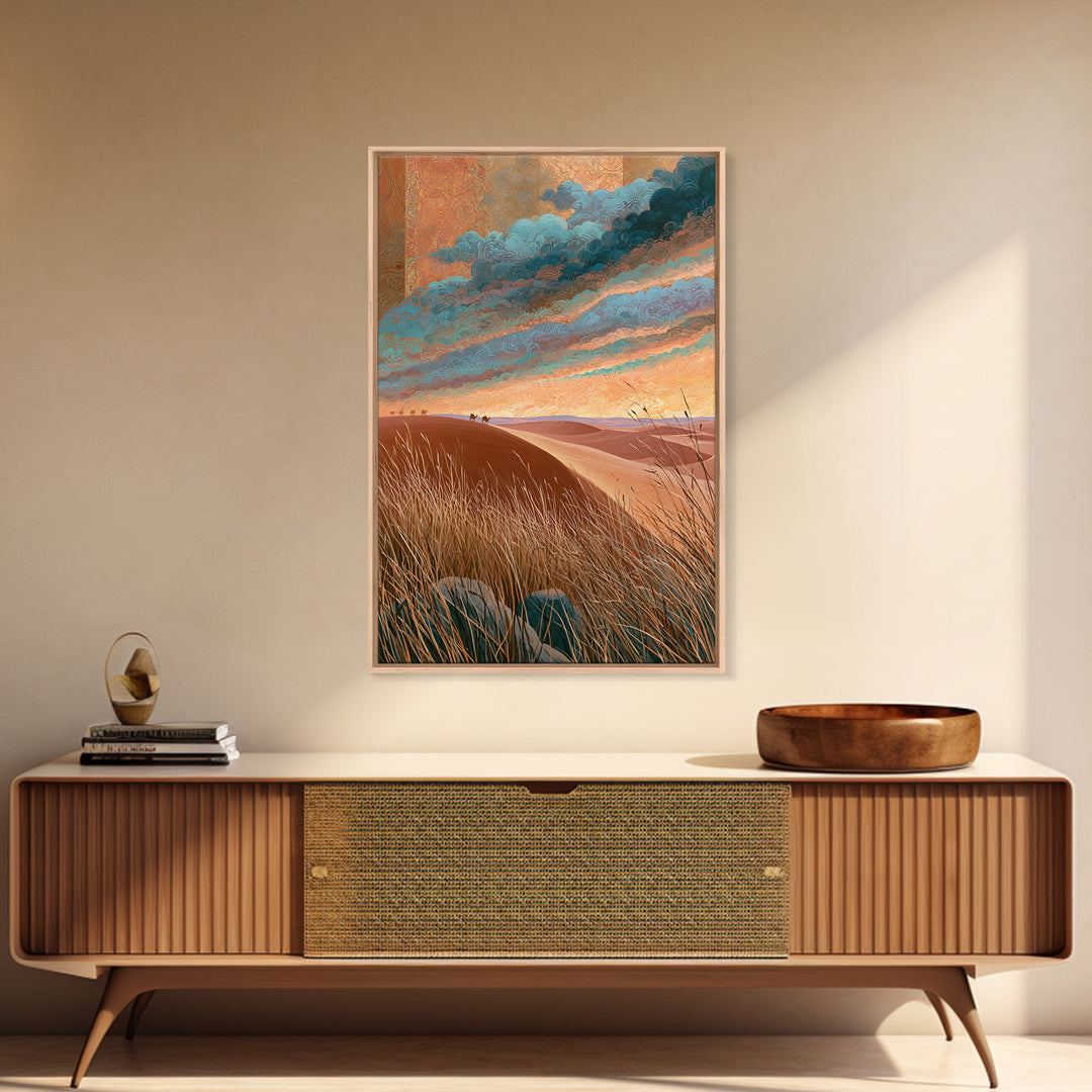 Saharan Dunes with Tiny Caravan Silhouettes Canvas Print, Desert Art, Boho Wall Art, Southwestern Decor, Watercolor Art, Desert, DES-2x3-82
