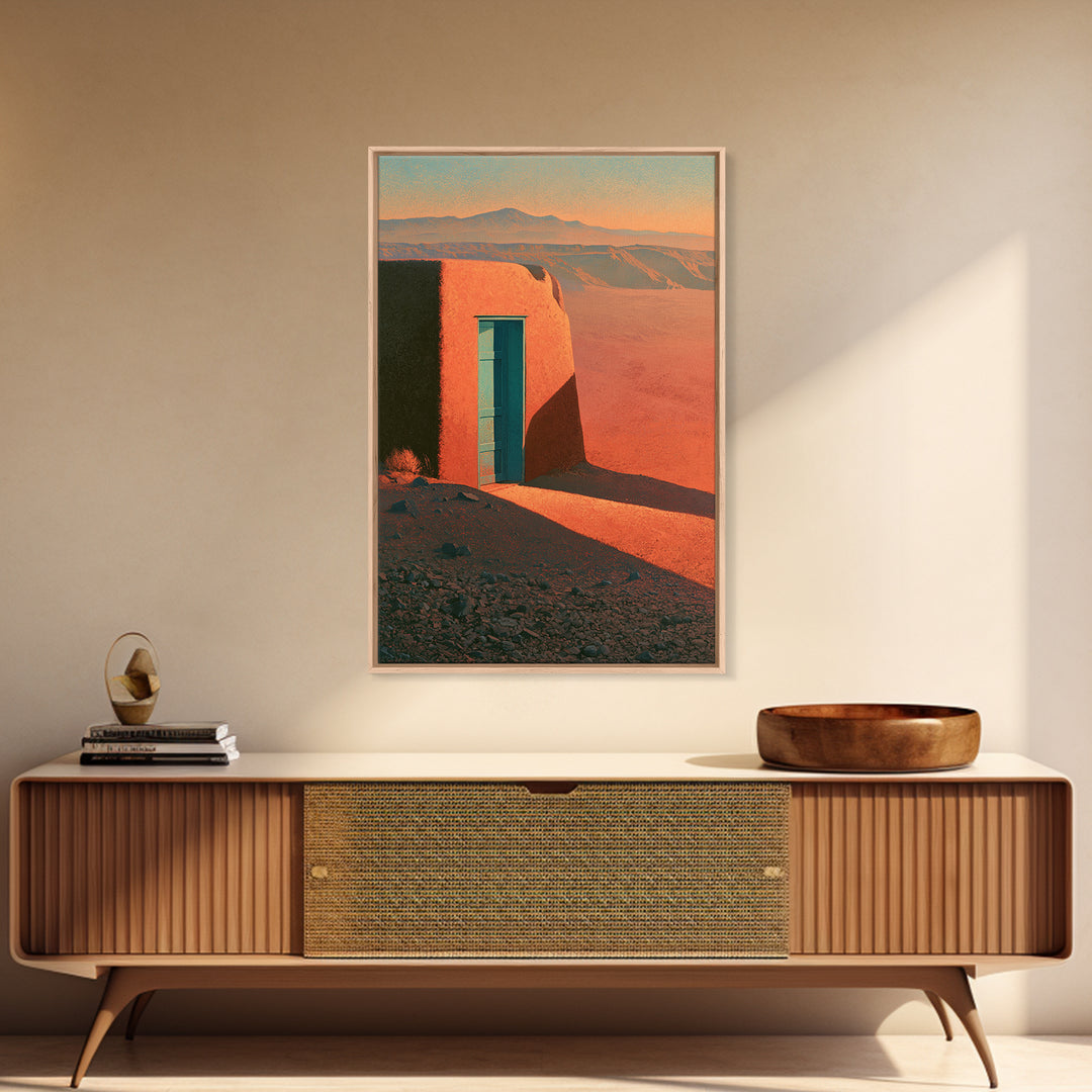 Adobe Doorway with Turquoise Shadow Framed Canvas Print, Desert Art, Nature Wall Art, Southwestern Decor, Oil Painting, Desert, DES-2x3-85
