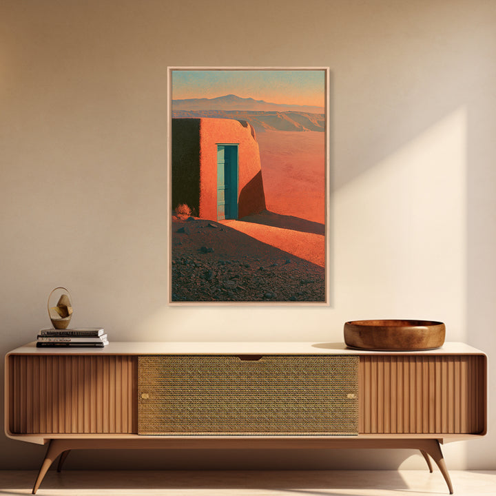 Adobe Doorway with Turquoise Shadow Framed Canvas Print, Desert Art, Nature Wall Art, Southwestern Decor, Oil Painting, Desert, DES-2x3-85