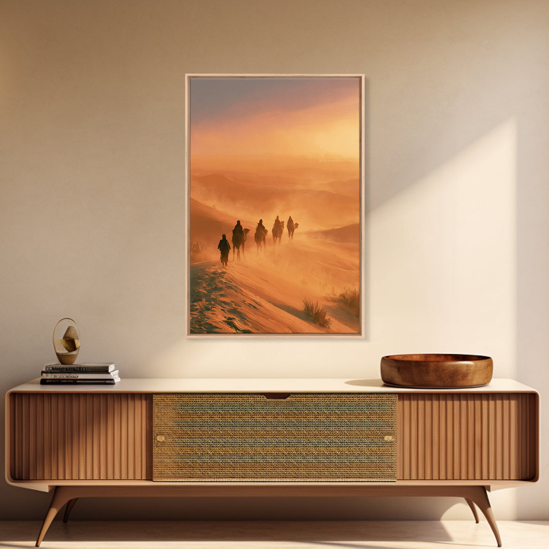 Camel Caravan Crossing Golden Dunes Framed Canvas Print, Desert Art, Southwestern Decor, Oil Painting, Desert, DES-2x3-87