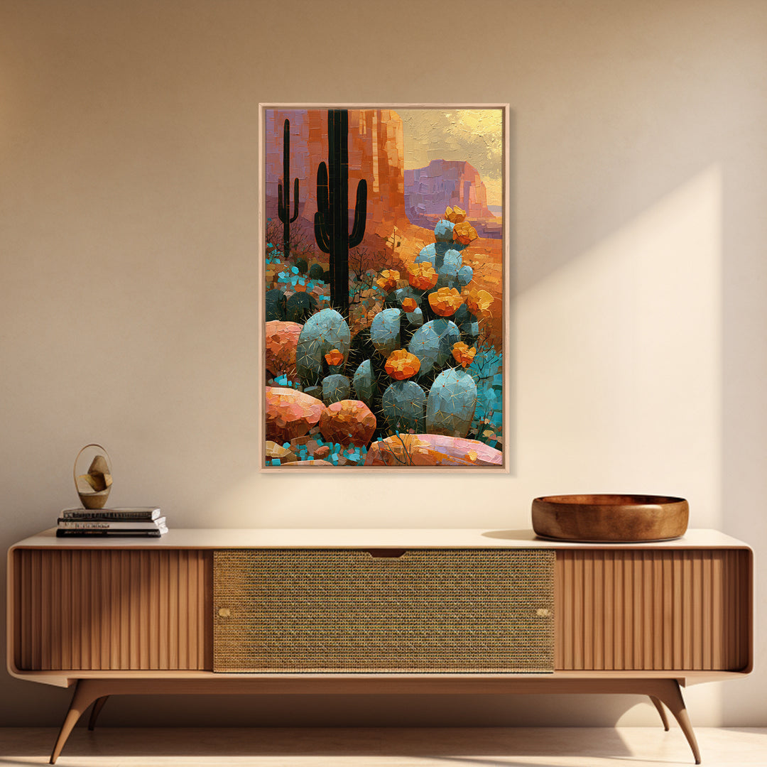 Cactus Botanical Plate Framed Canvas Print, Desert Art, Colorful Wall Art, Southwestern Decor, Fine Art, Desert, DES-2x3-88