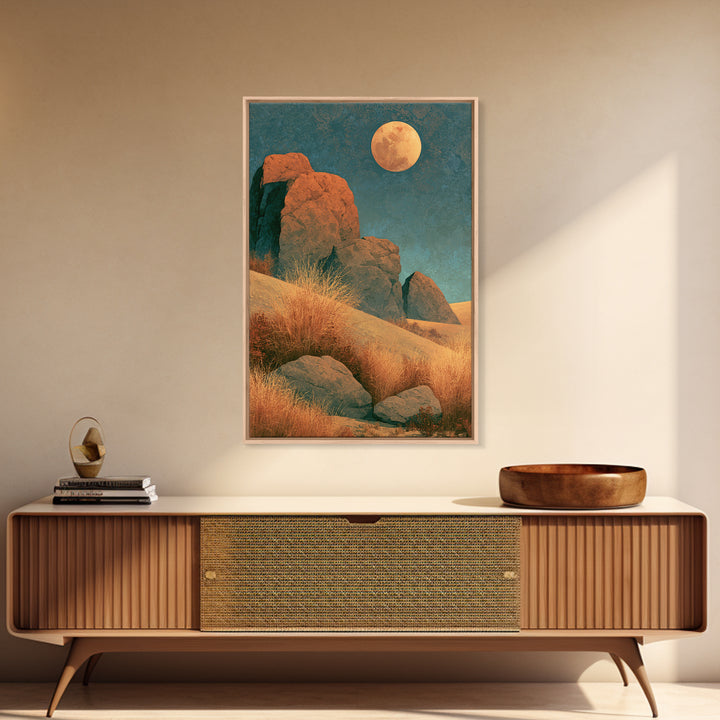 Desert Moon over Rolling Sand Framed Canvas Print, Desert Art, Modern Wall Art, Southwestern Decor, Oil Painting, Desert, DES-2x3-90