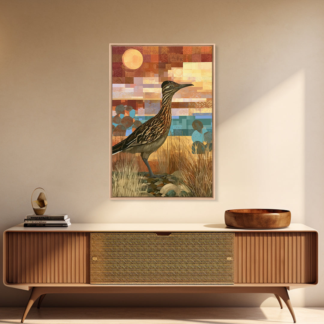 Roadrunner Bird in a Dry Wash Framed Canvas Print, Desert Art, Boho Decor, Southwestern Decor, Fine Art, Desert, Neutral Decor, DES-2x3-94