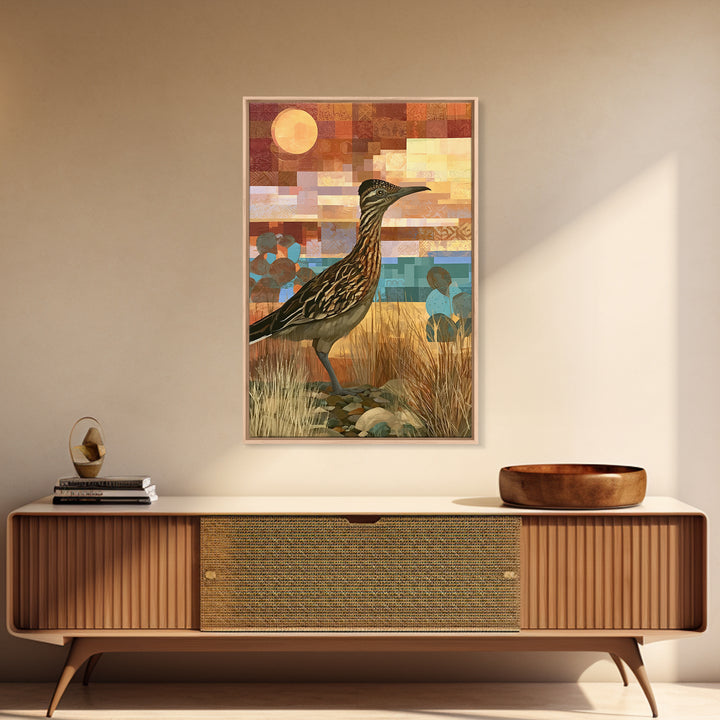 Roadrunner Bird in a Dry Wash Framed Canvas Print, Desert Art, Boho Decor, Southwestern Decor, Fine Art, Desert, Neutral Decor, DES-2x3-94