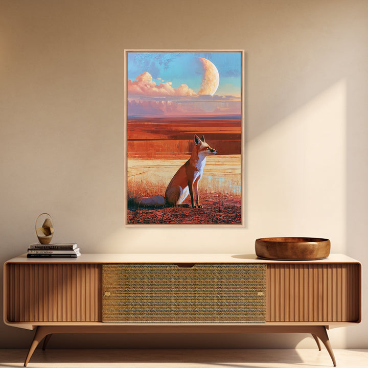 Desert Fox Beneath a Crescent Moon Framed Canvas Print, Desert Art, Botanical Art, Southwestern Decor, Fine Art, Desert, DES-2x3-97