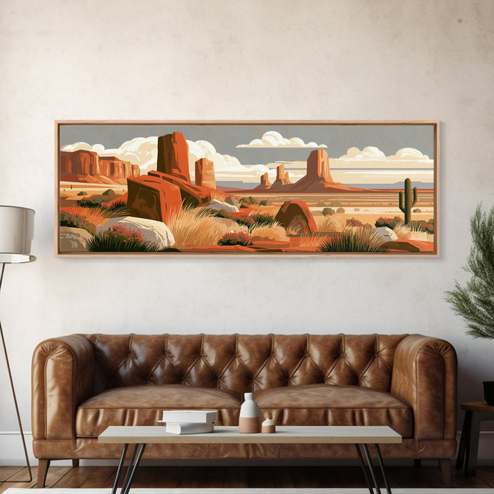 Terracotta and Cream Geometric Landscape Framed Canvas Print, Desert Art, Boho, Southwestern Decor, Watercolor Art, Desert, DES-3x1-10