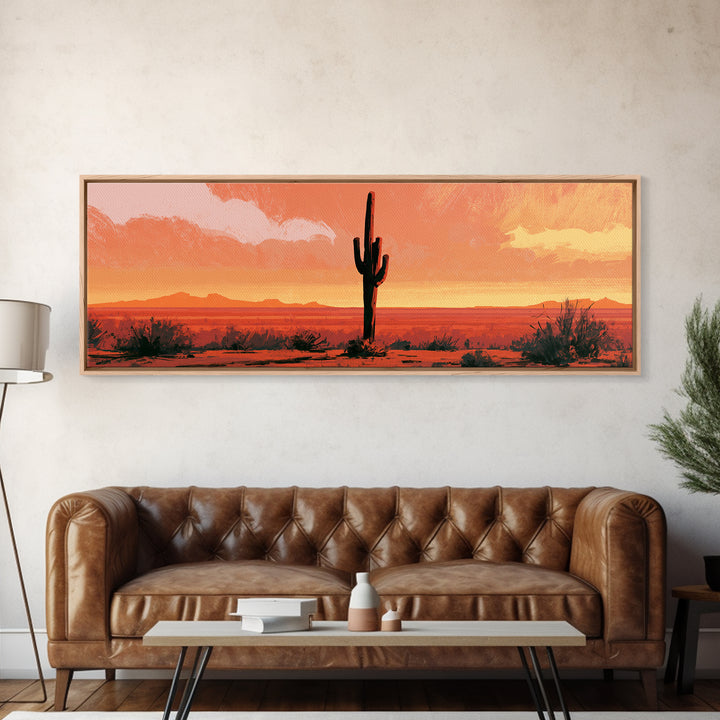 Saguaro Cactus under Orange Sunset Sky Framed Canvas Print, Desert Art, Gallery Decor, Southwestern Decor, Fine Art, Desert, DES-3x1-17