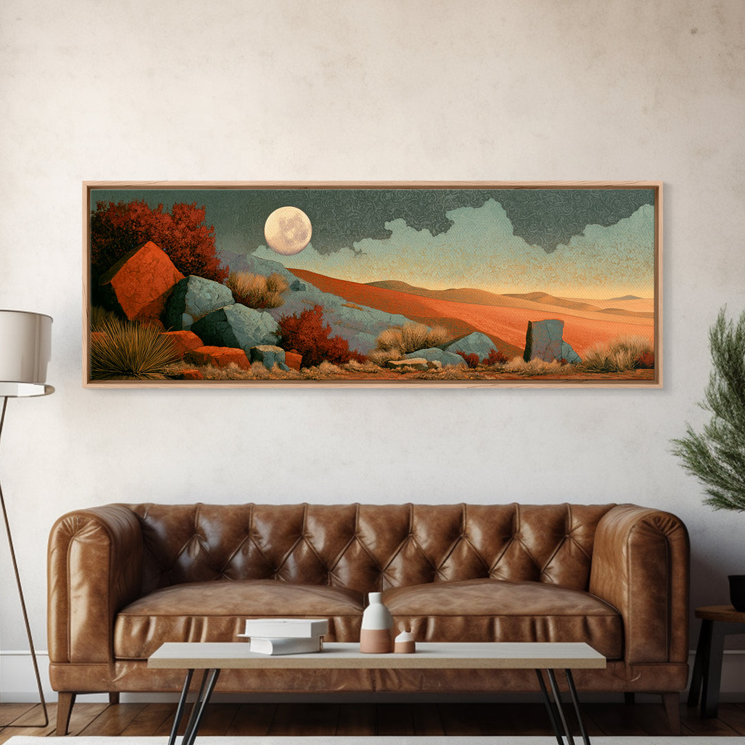 Desert Moon over Rolling Sand Framed Canvas Print, Desert Art, Living Room Decor, Southwestern Decor, Fine Art, Desert, DES-3x1-2