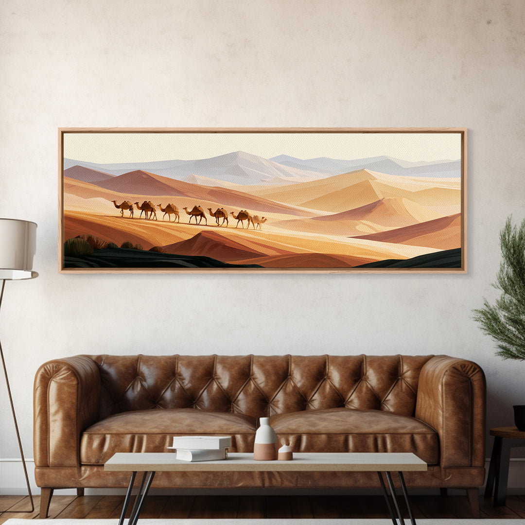 Camel Caravan Crossing Golden Dunes Framed Canvas Print, Desert Art, Contemporary Art, Southwestern Decor, Fine Art, Desert, DES-3x1-23