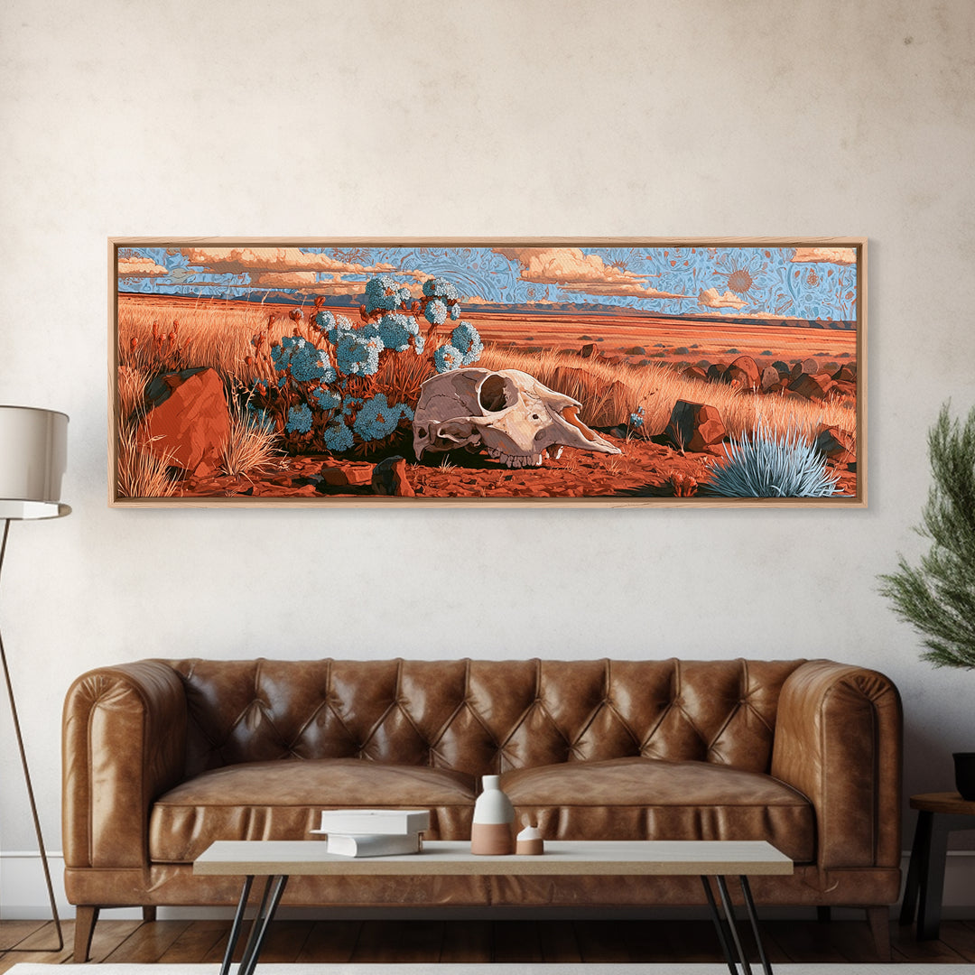 Sun Bleached Skull and Desert Flowers Framed Canvas Print, Desert Art, Nature Wall Art, Southwestern Decor, Watercolor Art, DES-3x1-28