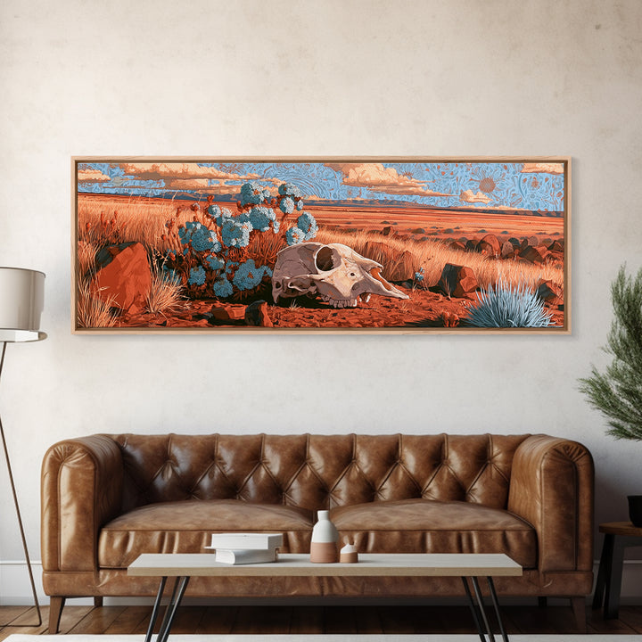 Sun Bleached Skull and Desert Flowers Framed Canvas Print, Desert Art, Nature Wall Art, Southwestern Decor, Watercolor Art, DES-3x1-28